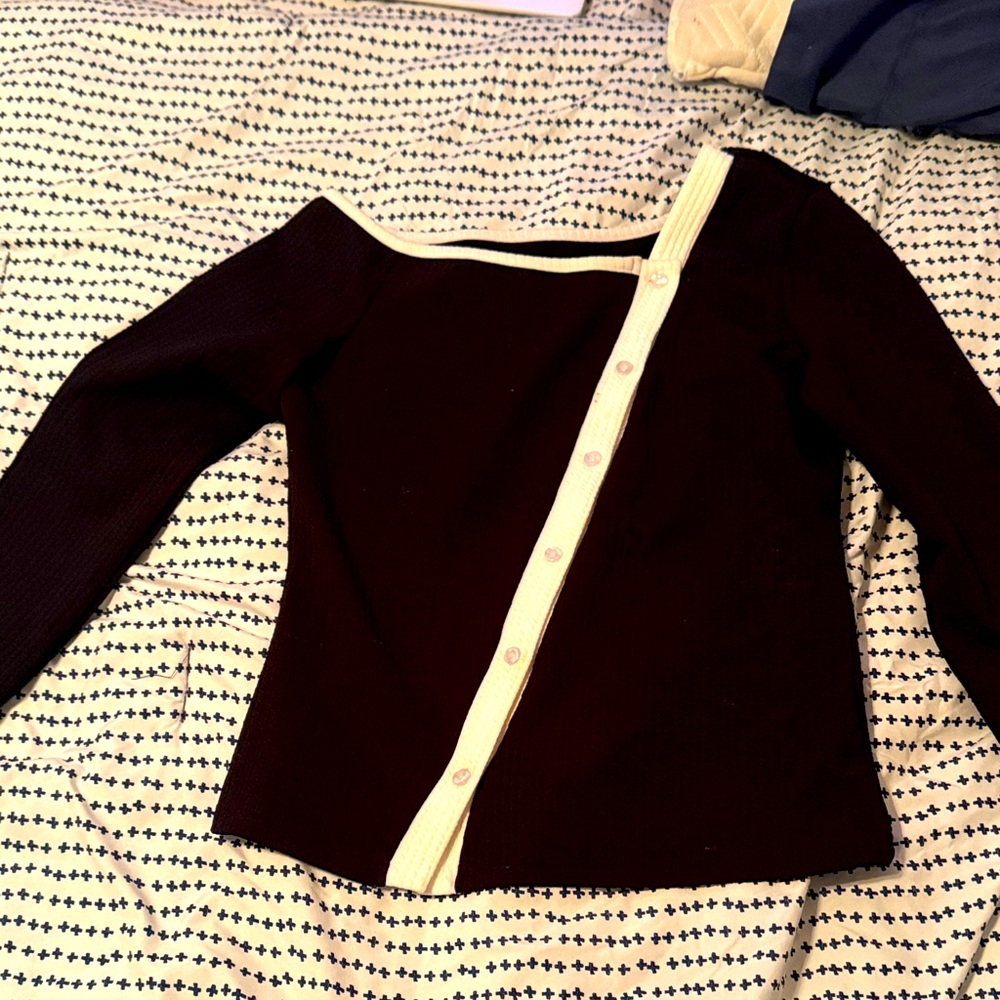 Black and Cream Asymmetrical Button Sweater